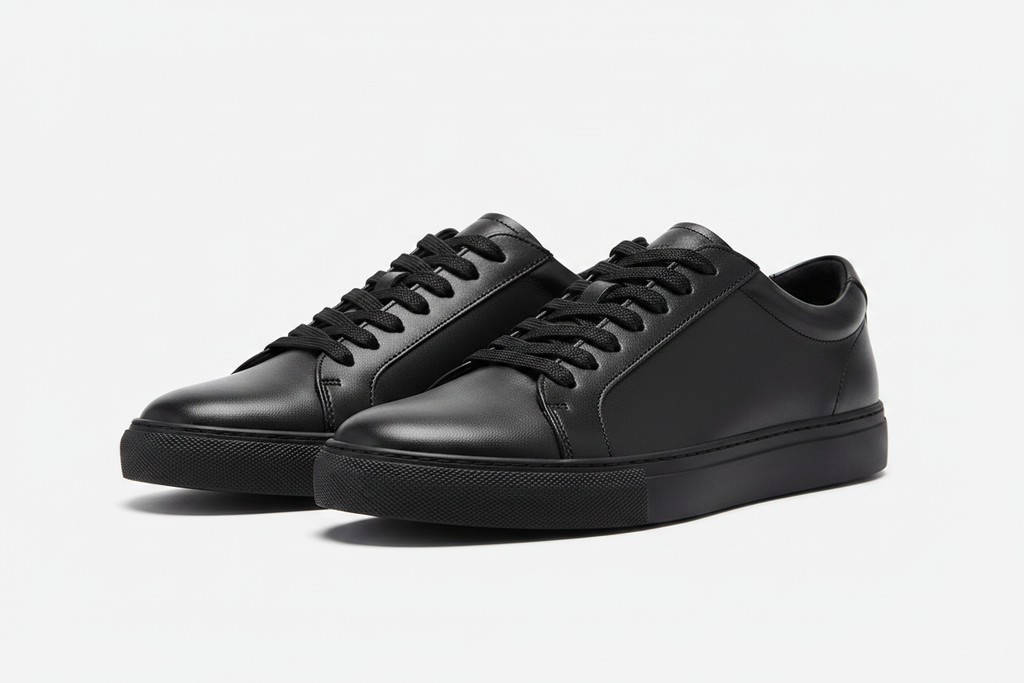 Noivin sneaker low-top leather total black pair three-quarter front view