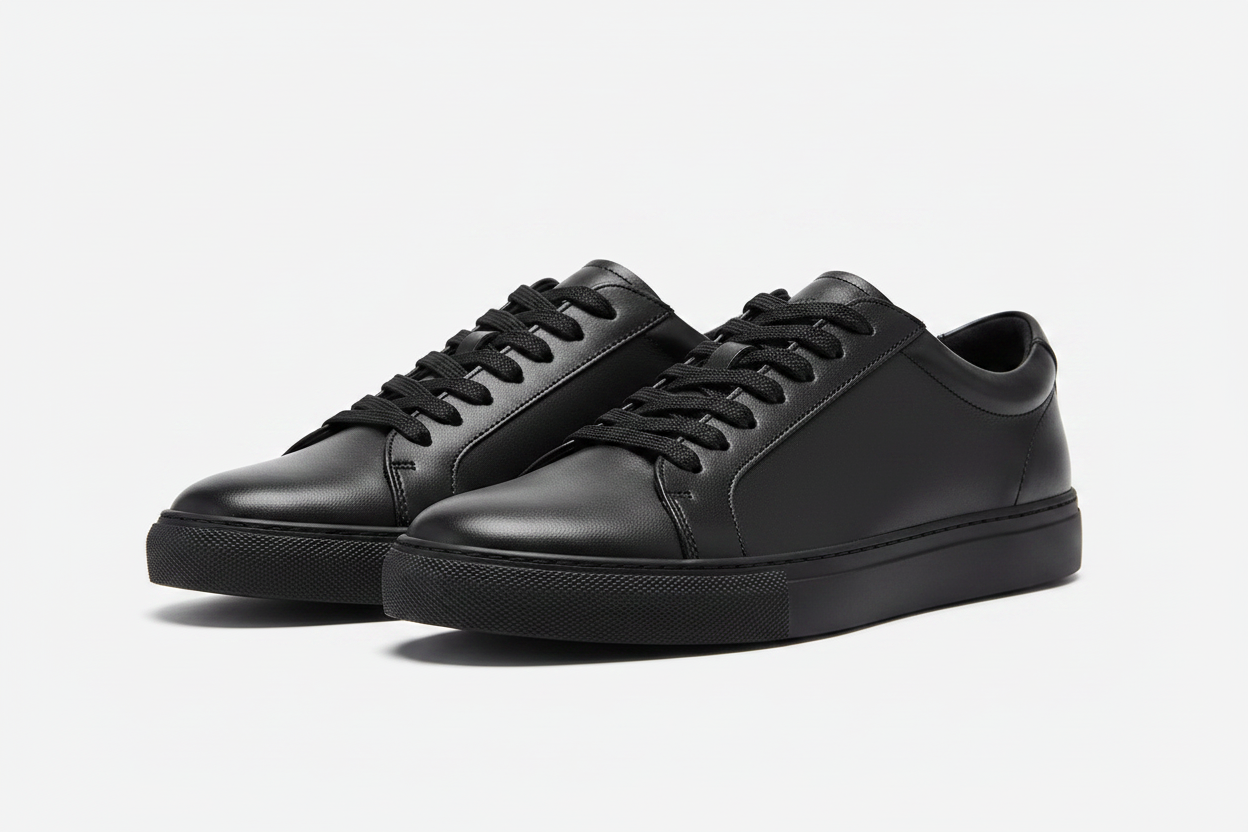 Noivin sneaker low-top leather total black pair three-quarter front view