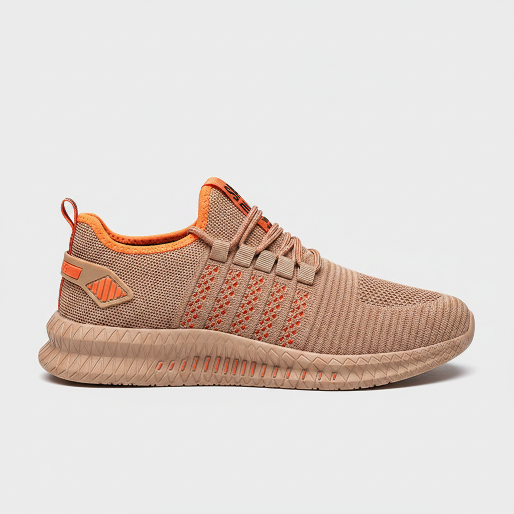 Noivin — Beige & Orange Knit Sneaker, Side Profile