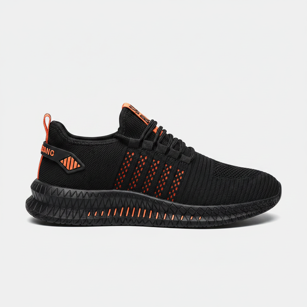 Noivin — Black & Bright Orange Knit Sneaker, Side Profile
