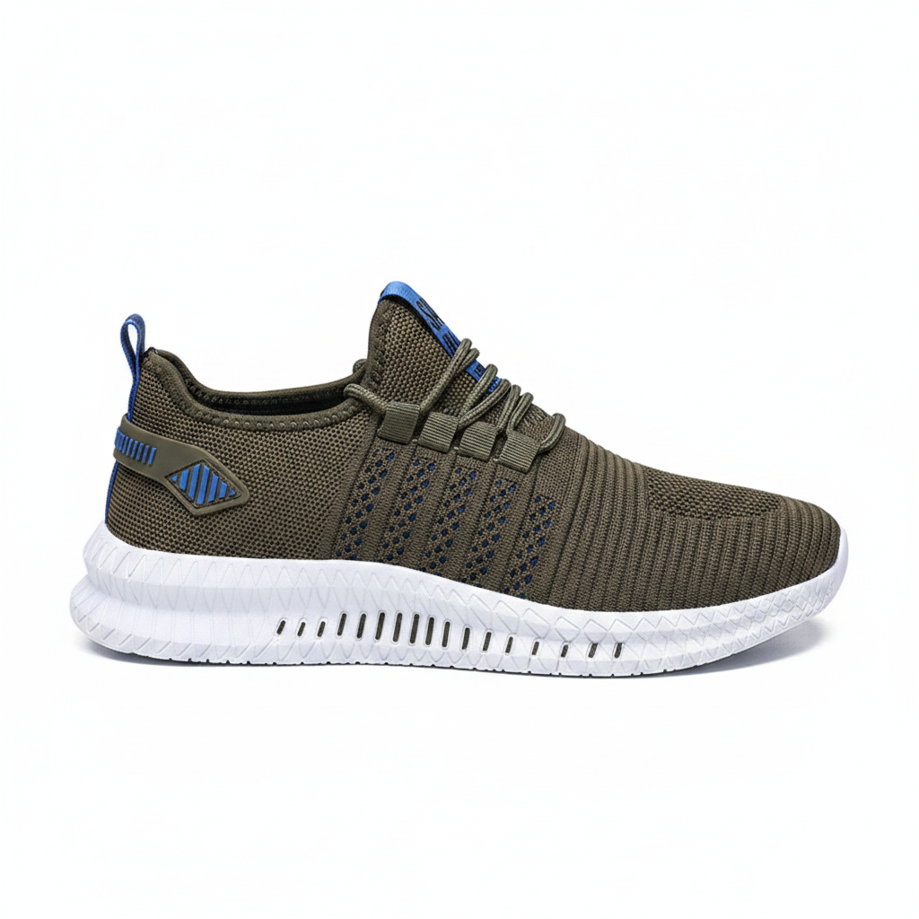 Noivin — Olive Green & Blue Knit Sneaker, Side Profile